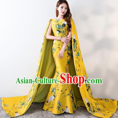 Chinese Traditional Trailing Yellow Mermaid Qipao Dress Elegant Compere Full Dress for Women