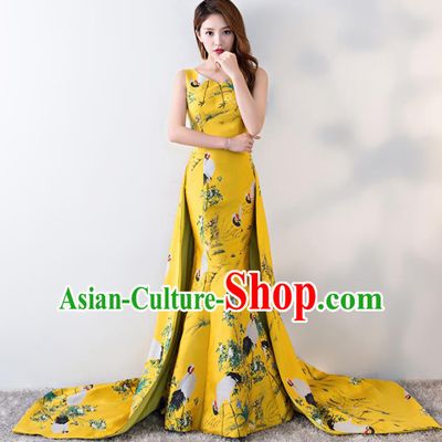 Chinese Traditional Printing Crane Yellow Qipao Dress Elegant Compere Full Dress for Women