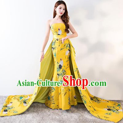 Chinese Traditional Yellow Strapless Qipao Dress Elegant Compere Full Dress for Women