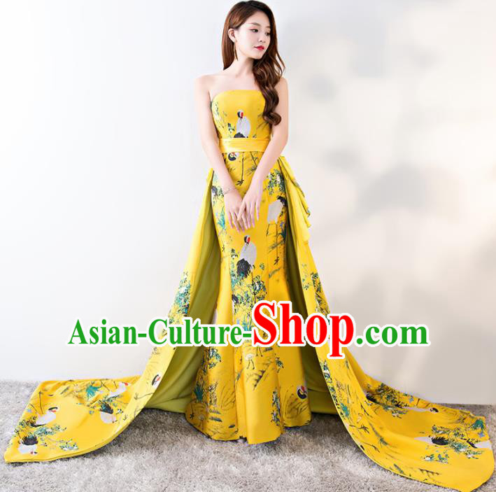 Chinese Traditional Yellow Strapless Qipao Dress Elegant Compere Full Dress for Women Chinese Traditional Yellow Strapless Qipao Dress Elegant Compere Full Dress for Women