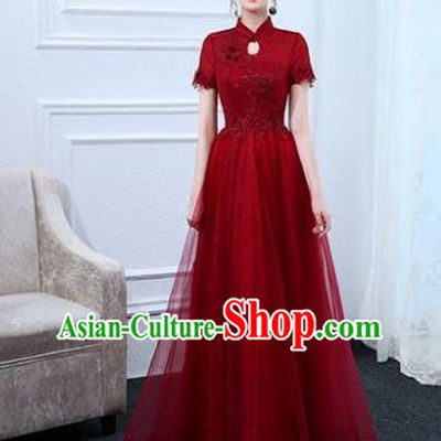 Top Grade Stage Performance Compere Formal Dress Chorus Elegant Red Veil Full Dress for Women