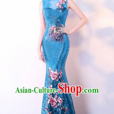 Chinese Traditional Blue Cheongsam Elegant Embroidered Qipao Dress Compere Full Dress for Women