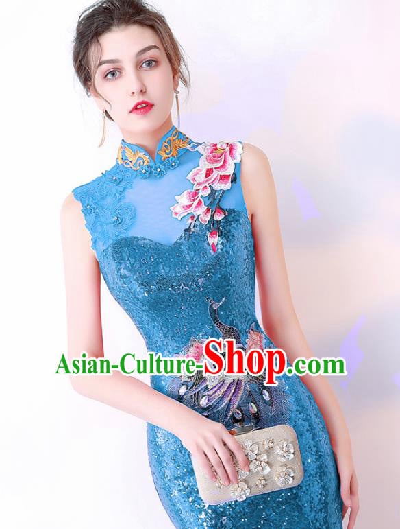 Chinese Traditional Blue Cheongsam Elegant Embroidered Qipao Dress Compere Full Dress for Women Chinese Traditional Blue Cheongsam Elegant Embroidered Qipao Dress Compere Full Dress for Women