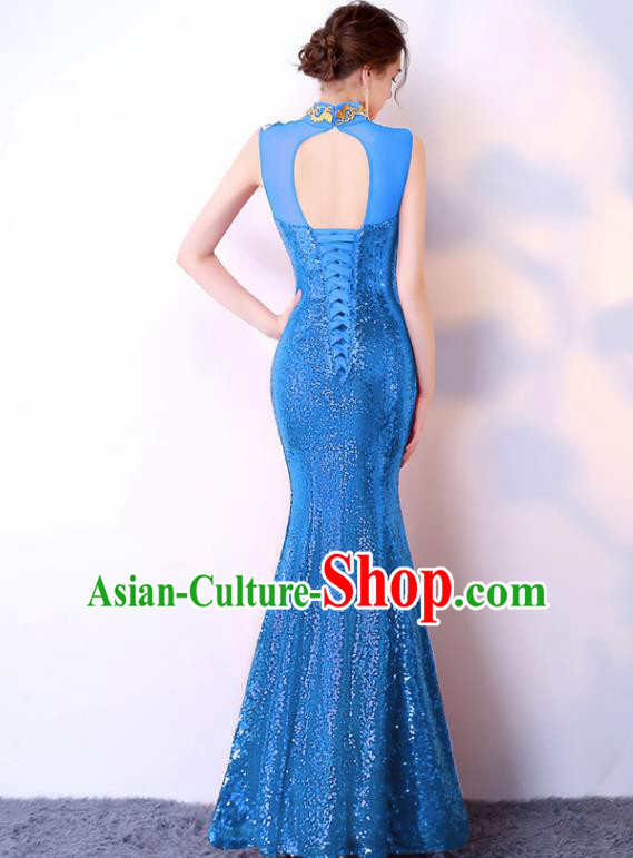 Chinese Traditional Blue Cheongsam Elegant Embroidered Qipao Dress Compere Full Dress for Women Chinese Traditional Blue Cheongsam Elegant Embroidered Qipao Dress Compere Full Dress for Women