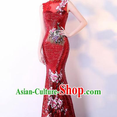 Chinese Traditional Red Cheongsam Elegant Embroidered Qipao Dress Compere Full Dress for Women