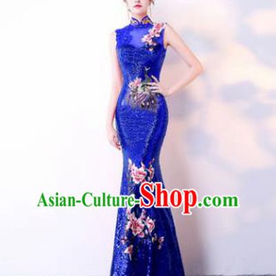 Chinese Traditional Royalblue Cheongsam Elegant Embroidered Qipao Dress Compere Full Dress for Women