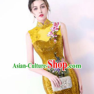 Chinese Traditional Golden Cheongsam Elegant Embroidered Qipao Dress Compere Full Dress for Women