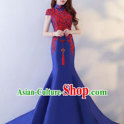 Chinese Traditional Cheongsam Elegant Royalblue Qipao Dress Compere Full Dress for Women