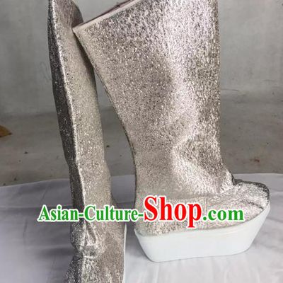Traditional China Beijing Opera Officer Argent Boots Ancient Chinese Peking Opera Takefu Shoes