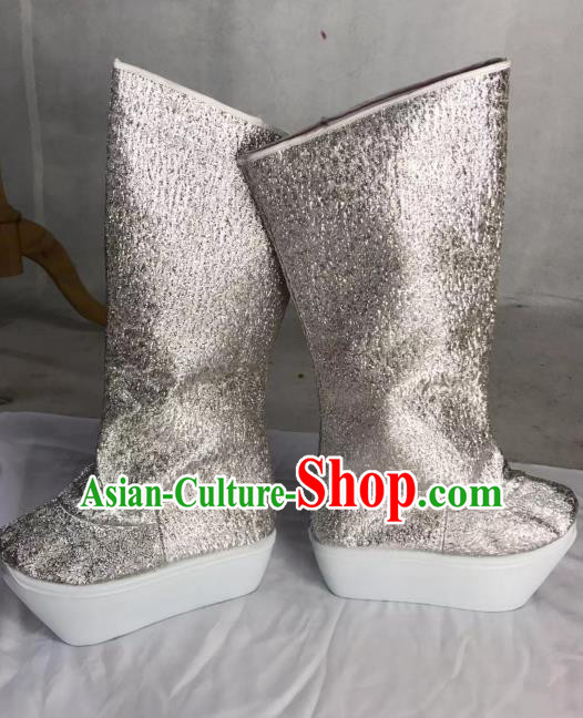 Traditional China Beijing Opera Officer Argent Boots Ancient Chinese Peking Opera Takefu Shoes Traditional China Beijing Opera Officer Argent Boots Ancient Chinese Peking Opera Takefu Shoes