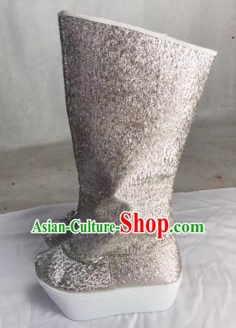 Traditional China Beijing Opera Officer Argent Boots Ancient Chinese Peking Opera Takefu Shoes Traditional China Beijing Opera Officer Argent Boots Ancient Chinese Peking Opera Takefu Shoes