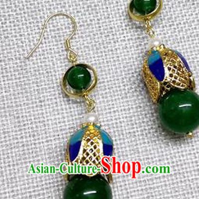 Chinese Traditional Hanfu Deep Green Bead Magnolia Earrings Ancient Princess Ear Accessories for Women