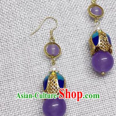 Chinese Traditional Hanfu Purple Bead Magnolia Earrings Ancient Princess Ear Accessories for Women