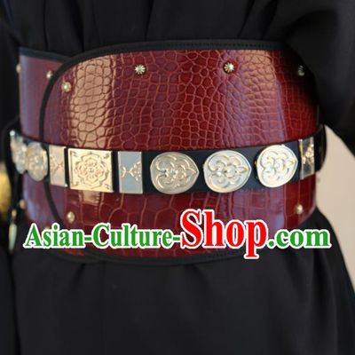 Chinese Traditional Hanfu Belts Ancient Ming Dynasty Swordsman Red Leather Waistband for Men