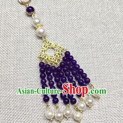 Chinese Traditional Hanfu Purple Beads Tassel Brooch Accessories Ancient Qing Dynasty Queen Breastpin Pendant for Women