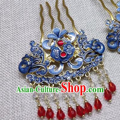 Chinese Ancient Princess Blue Hair Comb Traditional Hair Accessories Hanfu Hairpins for Women