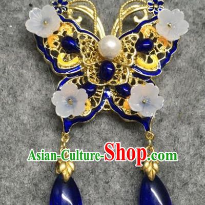 Chinese Traditional Hanfu Pendant Accessories Palace Blue Butterfly Brooch Ancient Qing Dynasty Queen Breastpin for Women