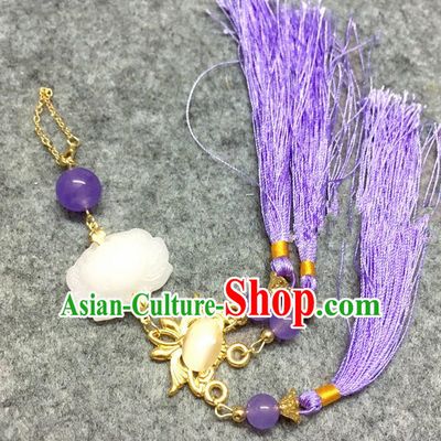 Chinese Traditional Hanfu Brooch Accessories Purple Tassel Lotus Pendant Ancient Qing Dynasty Queen Breastpin for Women