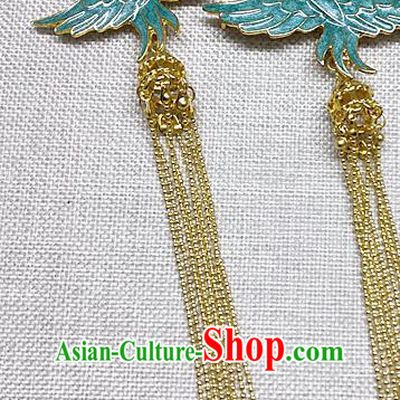 Chinese Traditional Hanfu Blue Crane Tassel Earrings Ancient Princess Ear Accessories for Women