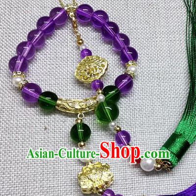Chinese Traditional Hanfu Purple Beads Brooch Accessories Ancient Qing Dynasty Queen Tassel Breastpin Pendant for Women