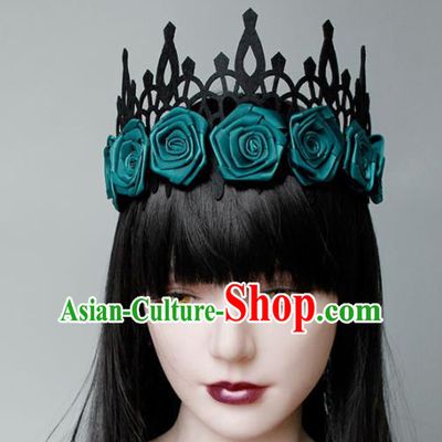 Top Grade Halloween Cosplay Gothic Green Roses Royal Crown Fancy Ball Handmade Hair Accessories for Women