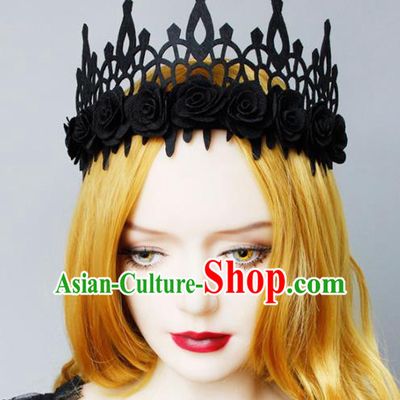 Top Grade Halloween Cosplay Gothic Black Roses Royal Crown Fancy Ball Handmade Hair Accessories for Women