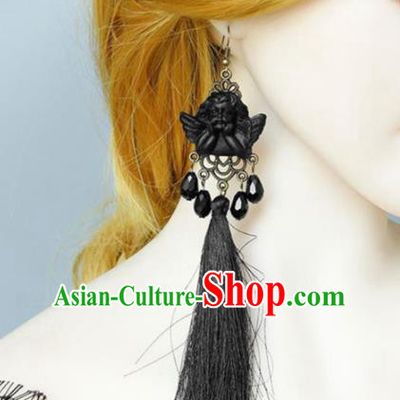 Top Grade Handmade Halloween Cosplay Gothic Earrings Fancy Ball Black Tassel Ear Accessories for Women