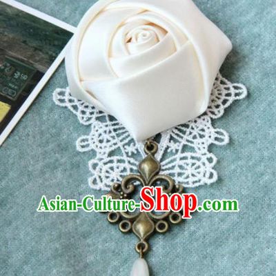 Handmade Gothic White Rose Brooch Accessories Halloween Fancy Ball Cosplay Breastpin for Women