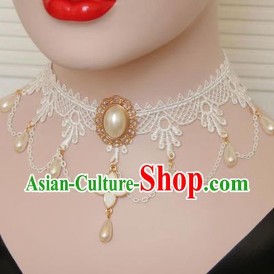 Handmade Halloween Cosplay Gothic Princess White Lace Necklace Fancy Ball Pearls Necklet Accessories for Women