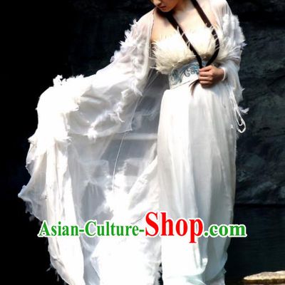 Chinese Ancient Mythology Fairy Goddess White Hanfu Dress Peri Princess Feather Costumes Complete Set