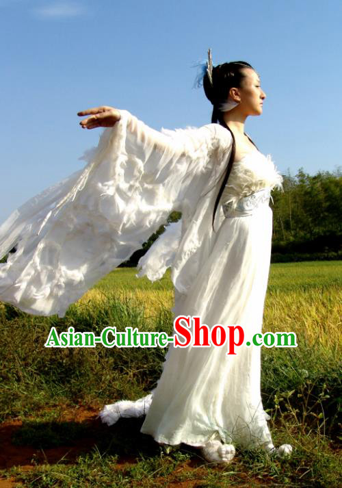 Chinese Ancient Mythology Fairy Goddess White Hanfu Dress Peri Princess Feather Costumes Complete Set Chinese Ancient Mythology Fairy Goddess White Hanfu Dress Peri Princess Feather Costumes Complete Set
