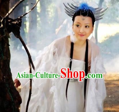 Chinese Ancient Mythology Fairy Goddess White Hanfu Dress Peri Princess Feather Costumes Complete Set Chinese Ancient Mythology Fairy Goddess White Hanfu Dress Peri Princess Feather Costumes Complete Set