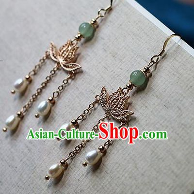 Chinese Traditional Hanfu Golden Lotus Pearls Ear Accessories Ancient Qing Dynasty Princess Earrings for Women