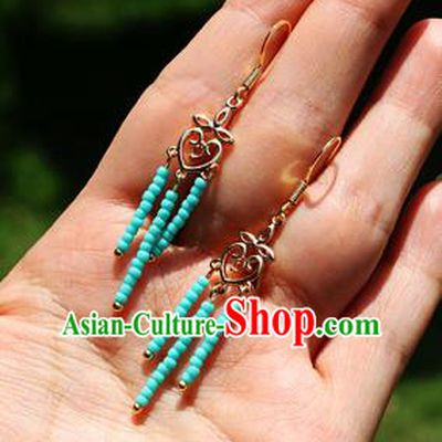 Chinese Traditional Hanfu Blue Beads Tassel Ear Accessories Ancient Qing Dynasty Princess Earrings for Women