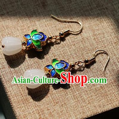 Chinese Traditional Hanfu Jade Blueing Ear Accessories Ancient Qing Dynasty Princess Earrings for Women