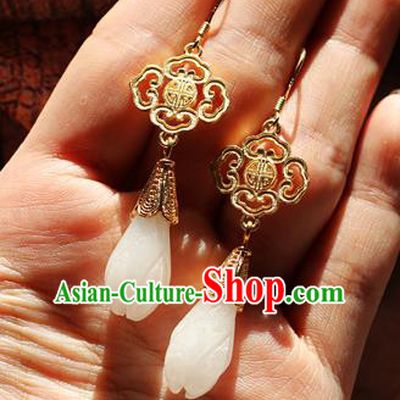 Chinese Traditional Hanfu Jade Magnolia Ear Accessories Ancient Qing Dynasty Princess Earrings for Women