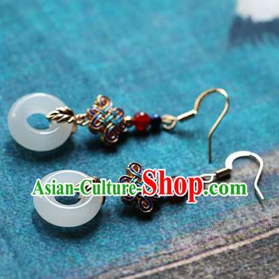 Chinese Traditional Hanfu White Jade Ring Ear Accessories Ancient Qing Dynasty Princess Earrings for Women