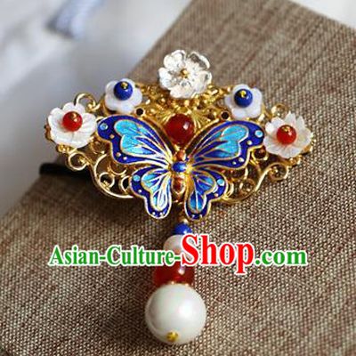Chinese Qing Dynasty Cloisonne Butterfly Shell Brooch Pendant Traditional Hanfu Ancient Imperial Consort Accessories for Women