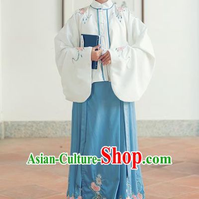 Traditional Chinese Ancient Ming Dynasty Aristocratic Rich Lady Replica Costumes White Blouse and Blue Skirt for Women