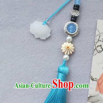Chinese Traditional Hanfu Blue Tassel Lotus Brooch Pendant Ancient Cheongsam Breastpin Accessories for Women