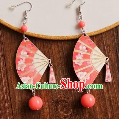 Chinese Traditional Hanfu Court Red Fan Ear Accessories Ancient Ming Dynasty Princess Earrings for Women