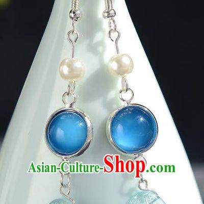 Chinese Traditional Hanfu Court Blue Ear Accessories Ancient Ming Dynasty Princess Earrings for Women