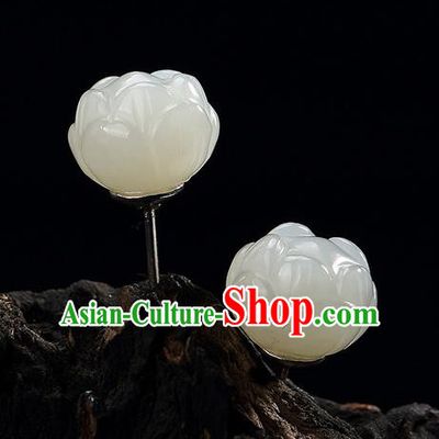 Chinese Traditional Hanfu Court White Jade Lotus Ear Accessories Ancient Qing Dynasty Princess Earrings for Women