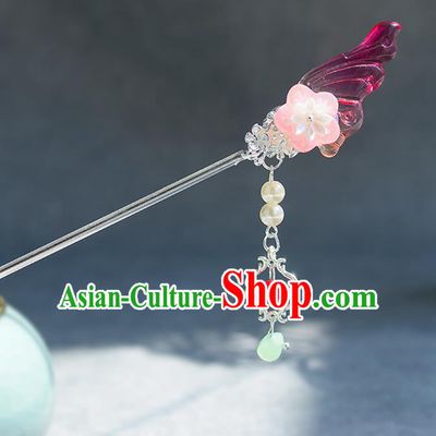 Chinese Ancient Ming Dynasty Princess Rosy Wing Tassel Hairpins Traditional Hanfu Court Hair Accessories for Women
