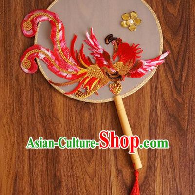 Chinese Traditional Hanfu Handmade Red Phoenix Palace Fans Ancient Princess Silk Round Fan for Women