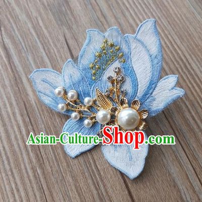 Chinese Traditional Hanfu Embroidered Blue Magnolia Brooch Pendant Ancient Cheongsam Breastpin Accessories for Women