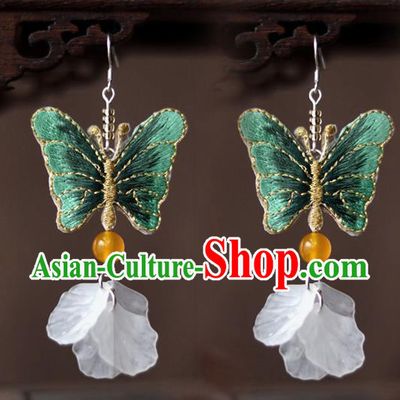 Chinese Traditional Hanfu Court Embroidered Green Butterfly Ear Accessories Ancient Ming Dynasty Princess Earrings for Women