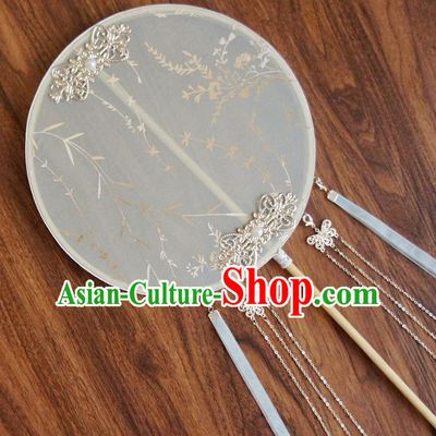 Chinese Traditional Hanfu Printing Palace Fans Ancient Princess White Silk Round Fan for Women