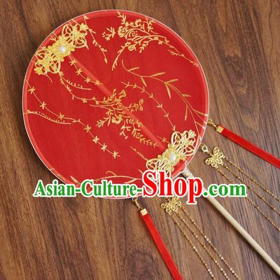 Chinese Traditional Hanfu Wedding Red Printing Palace Fans Ancient Princess Silk Round Fan for Women