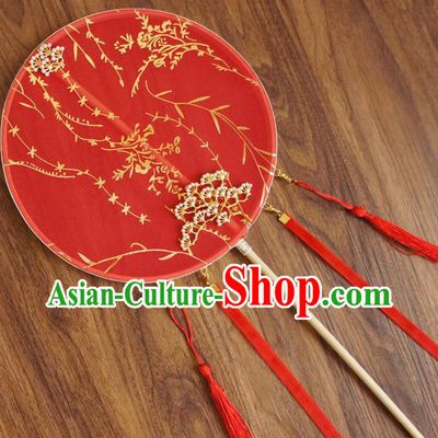 Chinese Traditional Hanfu Wedding Red Pine Palace Fans Ancient Princess Silk Round Fan for Women